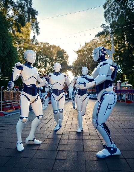 Robots qui dansent dans un parc d'attraction. Qweekle.