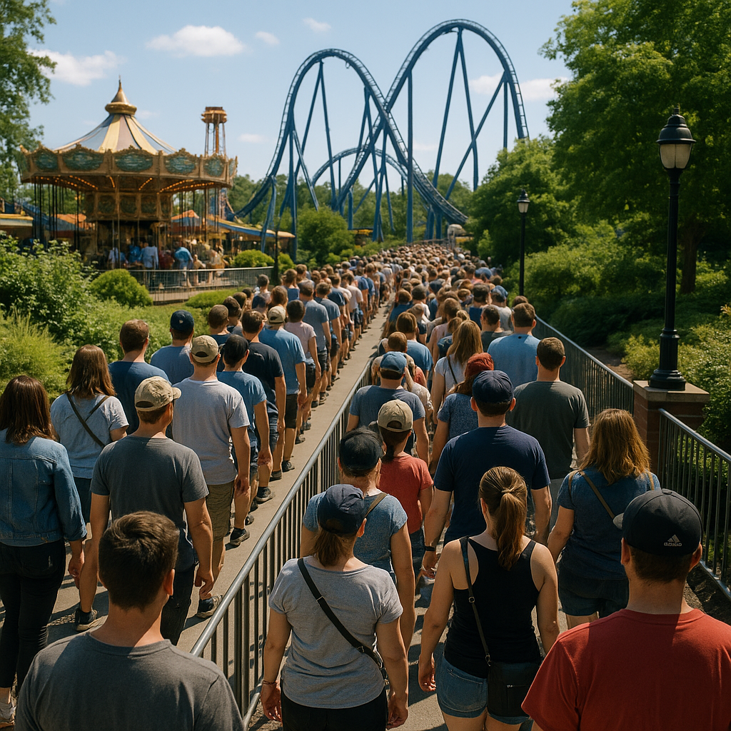 File d'attente dans un parc d'attraction. Qweekle